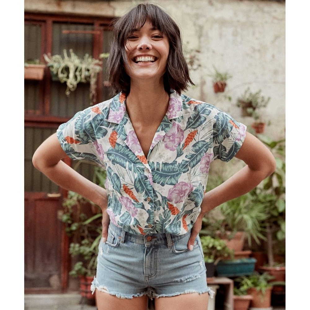 Marine Layer Shirt Large White Floral Tropical Camp Collar Boho Summer Button Up